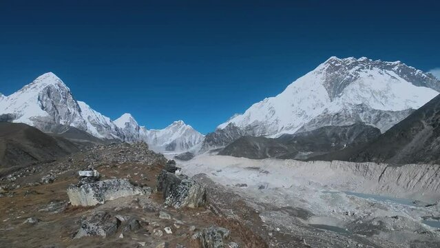 Panoramic View of the Khumbu Glacier near Lobuche en route to Everest Base Camp of the Nepalese Himalayas.