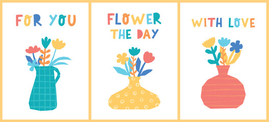 set of posters, prints, cards decorated with flowers in vaes and lettering quotes. Good for birthday greeting cards, women's day and mother's day posters, invitations, banners, etc. EPS 10