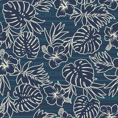 Hibiscus flowers and tropical leaves with tapa background abstract vintage vector seamless pattern 