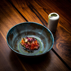 Appetizing seafood served in old fashioned dishes.