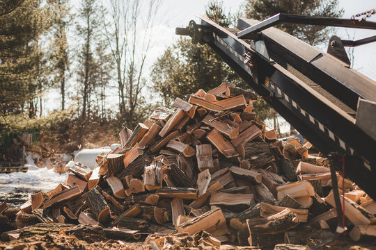 Pile of split and cut wood coming off wood processor