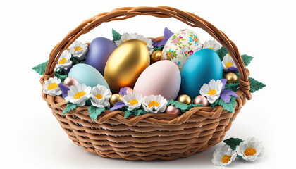 Obraz na płótnie Canvas Basket of Painted Easter Egg. Seasonal decoration. Generative AI