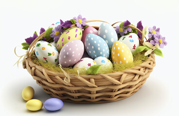 Fototapeta na wymiar Basket of Painted Easter Egg. Seasonal decoration. Generative AI