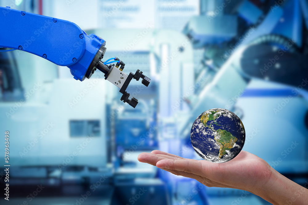 Poster close-up human hand who sending globe earth to industrial robotic automation for working to upgrade 
