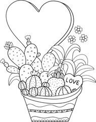Hand drawn cactus, succulents and heart pattern. Doodle frame with place for text, coloring book or background decorative. Relaxation for adults and kids. Vector Illustration. 
