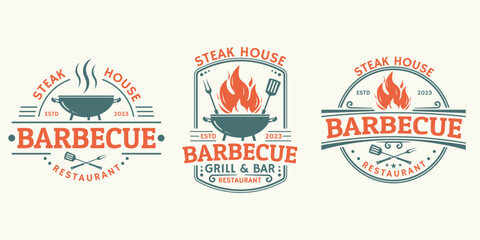 Barbeque logo set. BBQ icon or label. Grill bar, restaurant, steak house vintage badge design with fire flame, grill fork and spatula. Vector illustration.