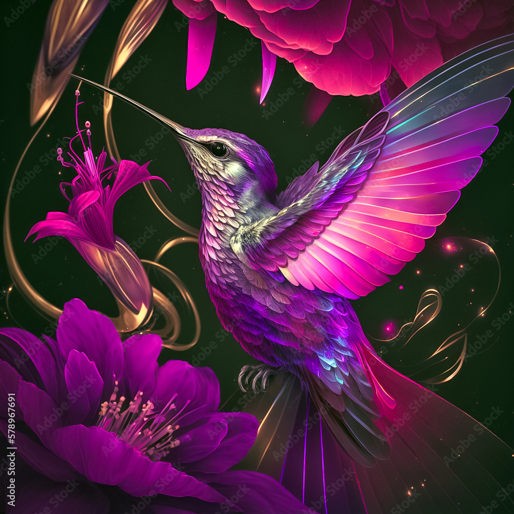 Wall mural fantasy illustration of a beautiful hummingbird with a flower on the dark cosmic background. generat