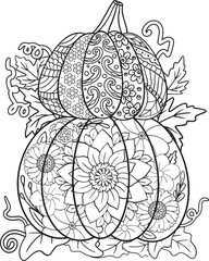 Pumpkins with flowers for autumn or Halloween. Hand drawn lines. Doodles art for greeting cards, invitation or poster. Coloring book for adult and kids.
