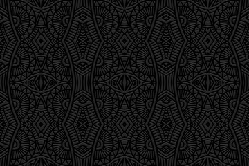 Embossed black background, cover design. Geometric 3D pattern, press paper, leather, exotic art deco. Boho, handmade ethnic themes. Traditions of the East, Asia, India, Mexico, Aztecs, Peru.