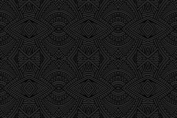 Embossed black background, cover design. Geometric 3D pattern, press paper, leather, creative art deco. Boho, handmade ethnic themes. Traditions of the East, Asia, India, Mexico, Aztecs, Peru.