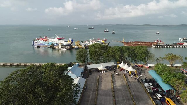 Bintan, Riau Island, Indonesia - Feb 22, 2023: Aerial of Tanjunguban port or harbour with KMP Bahtera Nusantara 03