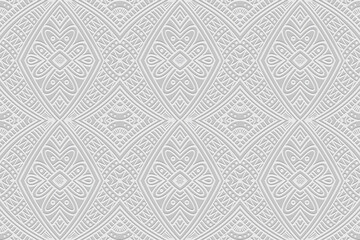 Embossed white background, cover design. Geometric exotic 3d pattern, press paper, leather, vintage art deco. Boho, handmade ethnic themes. Traditions of the East, Asia, India, Mexico, Aztecs, Peru.