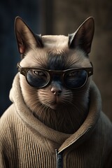 Portrait de chat portant des lunettes de soleil et des vêtements humain, photo façon studio drôle et décalée, ia génarative (1)