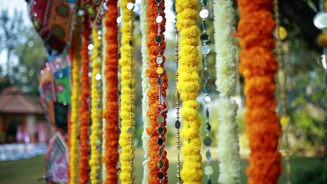 Colorful view of garlands and crystals decoration for wedding event