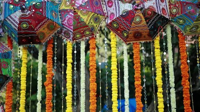 Colorful view of garlands and crystals decoration for wedding event