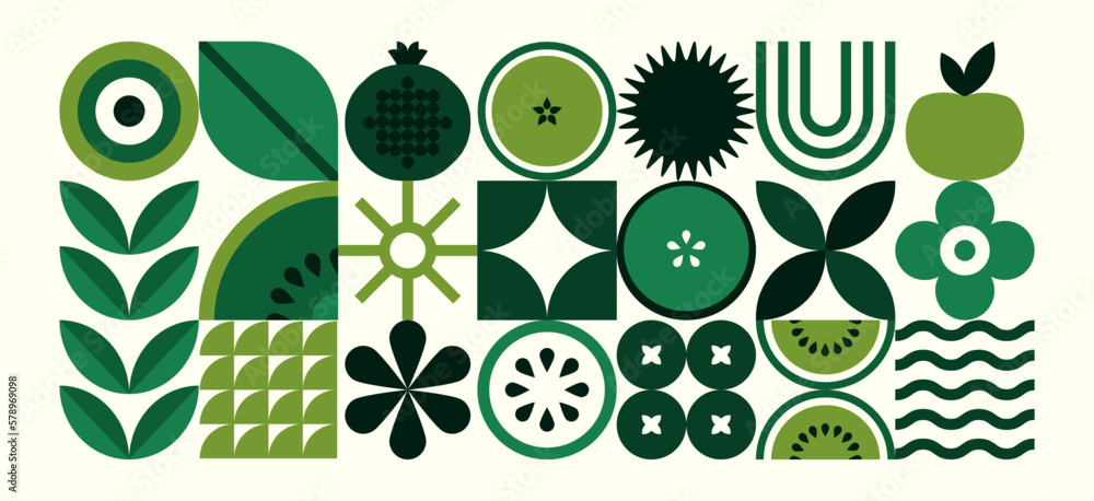 Wall mural abstract geometric food pattern. natural fruit plants simple shape, eco agriculture concept. vector 