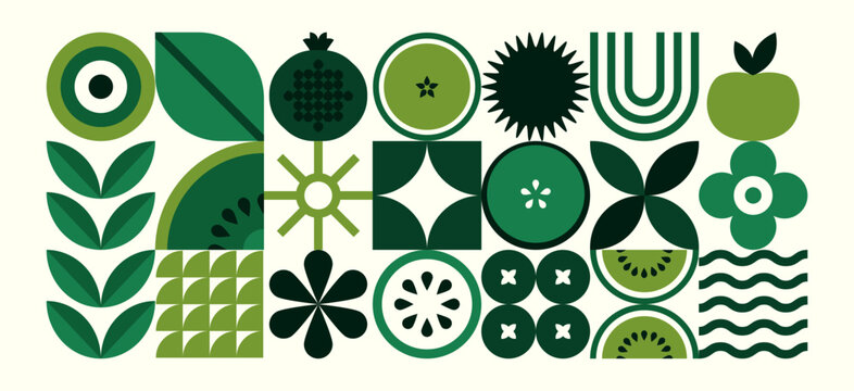 Abstract geometric food pattern. Natural fruit plants simple shape, eco agriculture concept. Vector minimal illustration