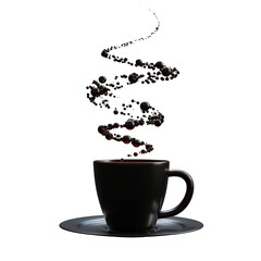 Black coffee mug and black circles gather together to form smoke. Designed in minimal concept. Transparent background.