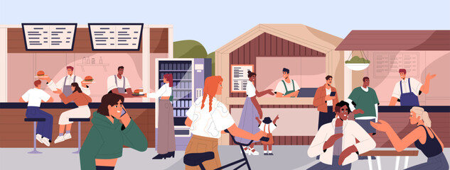 Fototapeta Outdoor food court, street market with people and stalls panorama. Summer fastfood area with kiosks, counters, happy characters relaxing, eating, talking at weekend. Flat vector illustration obraz