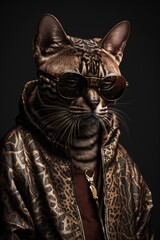 Portrait de chat portant des lunettes de soleil et des vêtements humain, photo façon studio drôle et décalée, ia génarative (4)