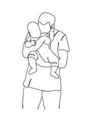 Continuous one line drawing of father with baby. Vector illustration.