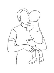 Continuous one line drawing of father with baby. Vector illustration.