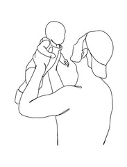 Continuous one line drawing of father with baby. Vector illustration.
