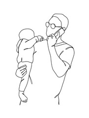 Continuous one line drawing of father with baby. Vector illustration.