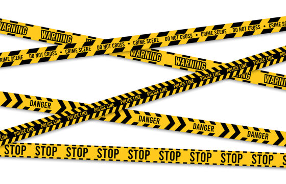 Warning tape. Yellow police crime scene cross stripes, danger zone designation and security border sign, accident perimeter elements. Vector set