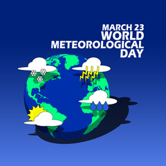 An earth with weather icons such as snow cloud, rain cloud, thunder cloud and cloud with bright sun and bold text on gradient blue background to commemorate World Meteorological Day on March 23