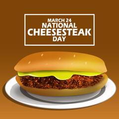 A chesssteak sandwich served on a white plate with bold text in frame on gradient brown background to celebrate National Cheesesteak Day on March 24
