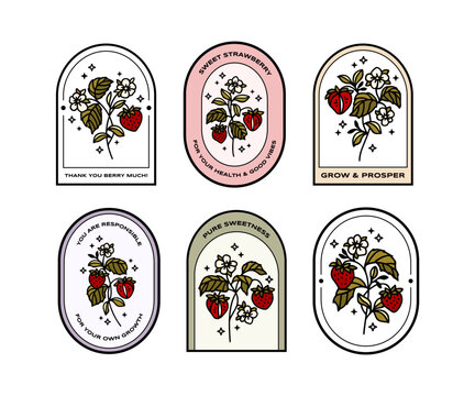 Vintage hand drawn organic strawberry plant and floral sticker label collection with quotes for food products, nature objects, reminders, aesthetic decoration, retro vector illustration elements
