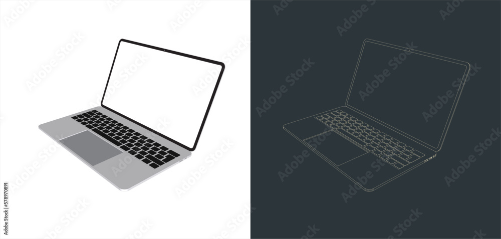 Poster Vector modern Laptop  frameless with blank screen isolated on transparent background line art for mock up and wallpaper 