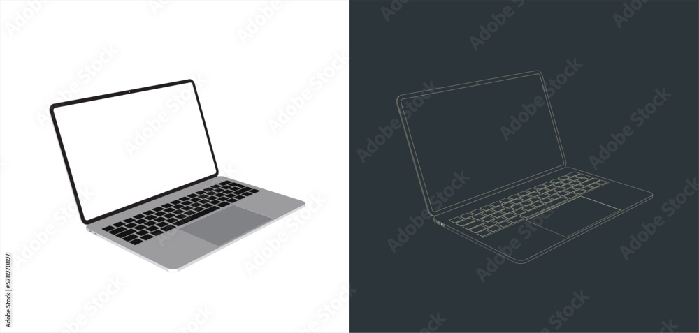 Poster vector modern laptop frameless with blank screen isolated on transparent background line art for moc
