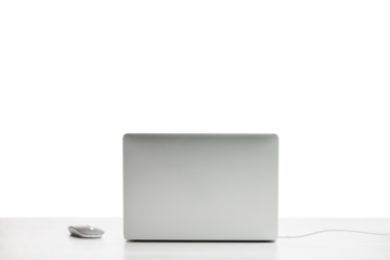 Back side of modern laptop on office table with mouse. PNG Image.