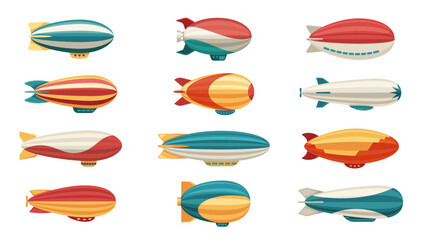 Dirigible. Cartoon airship old travel transport industry, retro balloon airplane flying helium air machine, aircraft aviation concept. Vector flat set © Tartila