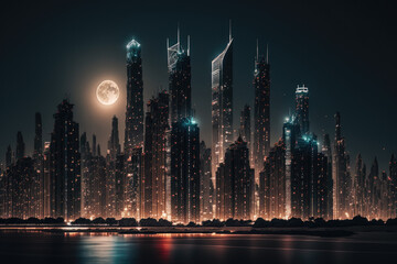 City skyline at night, moonlight, generative ai