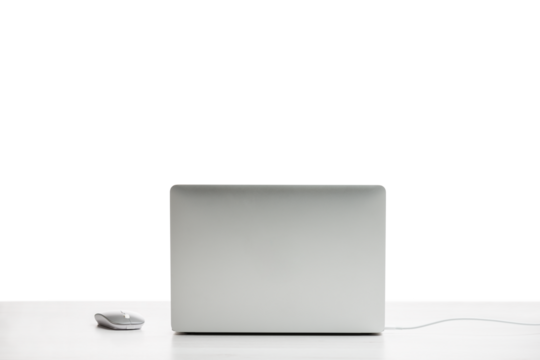 Back side of modern laptop on office table with mouse. PNG Image. - Powered by Adobe