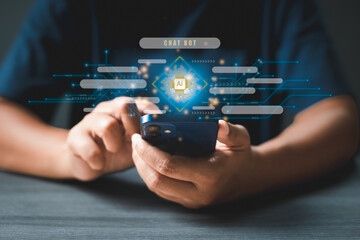 Pointing finger on smartphone digital AI chatbot communicate and interact helping business. Robot application, conversation assistant, digital chatbot virtual screen. Artificial intelligence system.