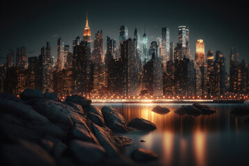 City skyline at night, moonlight, generative ai