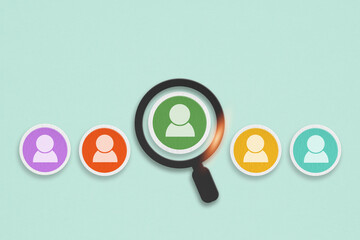 people icon inside on grunge white paper cut with magnifying glass for Buyer persona and target...