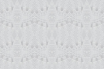 Embossed white background, cover design. Geometric exotic 3D pattern, press paper, leather, unique art deco. Boho, handmade ethnic themes. Traditions of the East, Asia, India, Mexico, Aztecs, Peru.