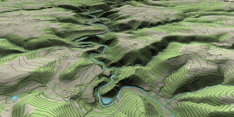 Vue aérienne de paysage vallonné et méandre de rivière en territoire montagneux - Rendu 3d modèle numérique de terrain avec courbes de niveau et occupation du sol