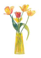 Yellow and red tulips Flowers in vase illustration Hand painted hand drawn gouache painting Botanical clipart Home decor, scrapbook, sticker, wedding Png file transparent background Floral clipart