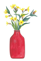 Yellow wildflowers and greenery Flowers in  vase illustration Hand painted hand drawn gouache painting Botanical clipart Home decor, scrapbook, sticker, wedding Png file transparent background Floral 