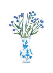Blue wild flowers Flowers in vase illustration Hand painted hand drawn gouache painting Botanical clipart. Home decor, scrapbooking, sticker, wedding Png file transparent background Floral clipart