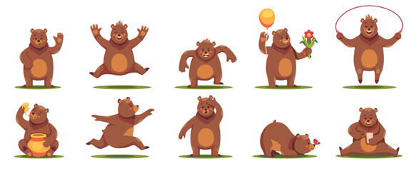 Cartoon bear. Cute friendly wildlife animals in different poses and situations, fluffy grizzly mascots, funny adorable zoo mammal characters. Vector set - obrazy, fototapety, plakaty