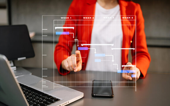 Project Manager Working And Update Tasks With Milestones Progress Planning And Gantt Chart Scheduling Diagram.business Tram Working At Office