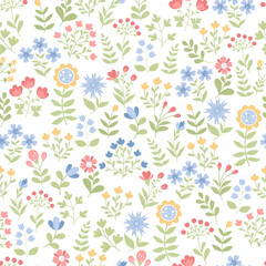 Fototapeta na wymiar Floral seamless pattern. Scattered flowers, plant branches and leaves on white background. Vector illustration in flat style.