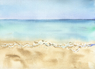 Hand drawn watercolor seascape. Water and surf on the beach with water and sky landscape. Isolated on white background. Design wall art, wedding, print, fabric, cover, card, tourism, travel booklet.